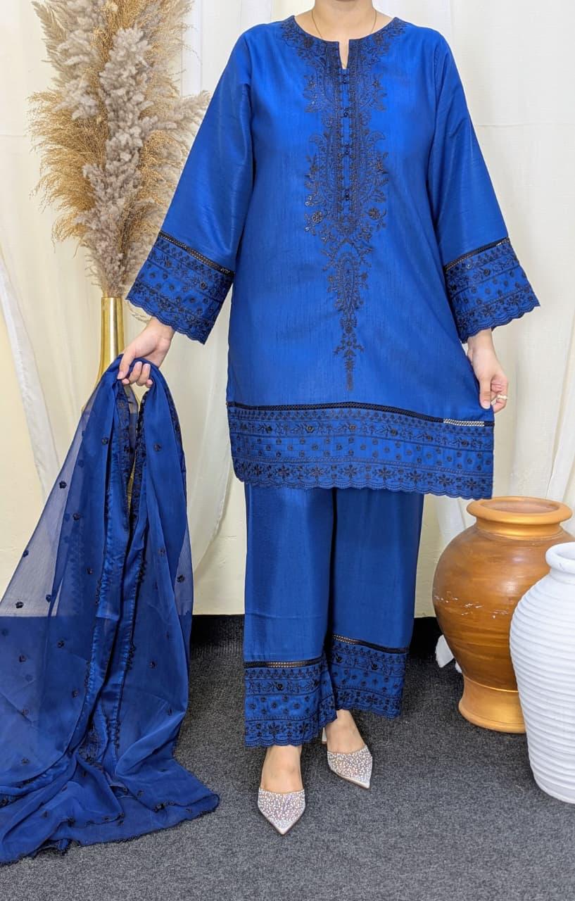 Amna Khurram Indian Raw Silk Embroidered 3-Piece Suit with Embroidered Chiffon Dupatta A030 – Ready to Wear