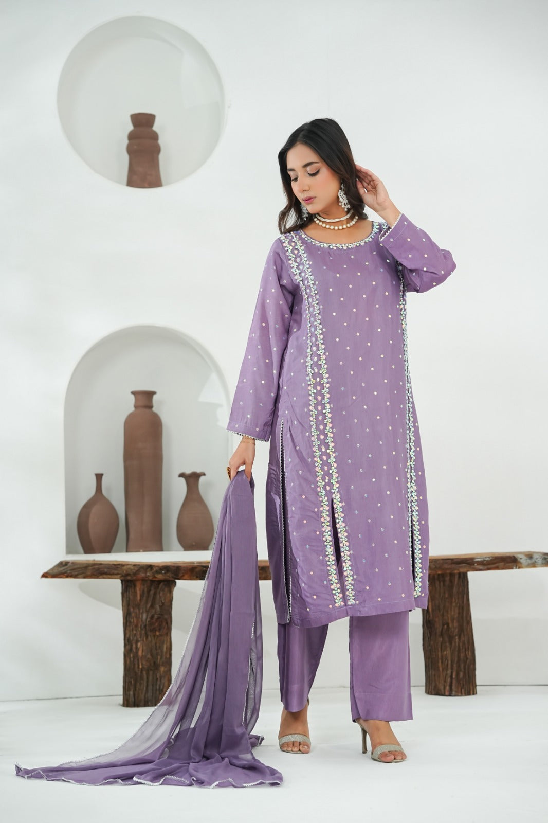 Lilac Embellished Shirt with Cotton Silk – 3PC Stitched Suit