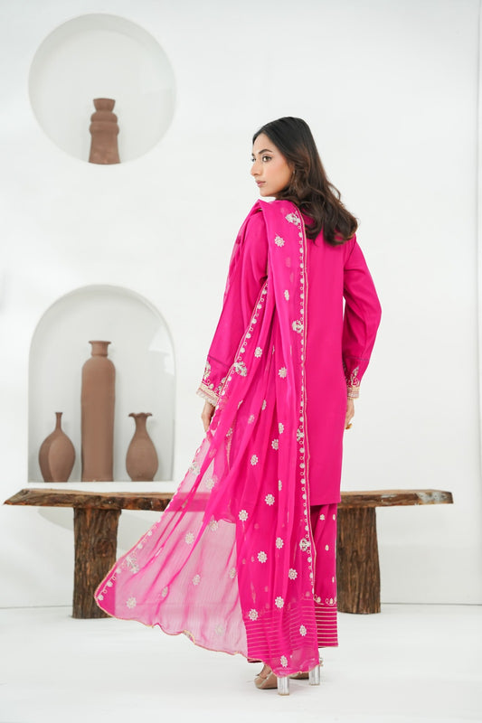 Pink Embroidered INDIAN RAW SILK – 3PC Stitched Suit