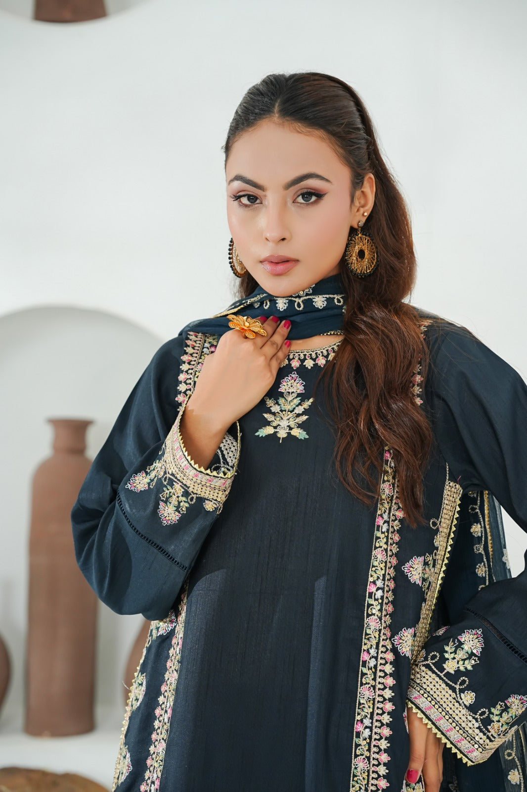 Black Embroidered INDIAN RAW SILK – 3PC Stitched Suit