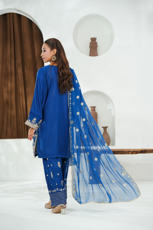 Blue Embroidered INDIAN RAW SILK – 3PC Stitched Suit