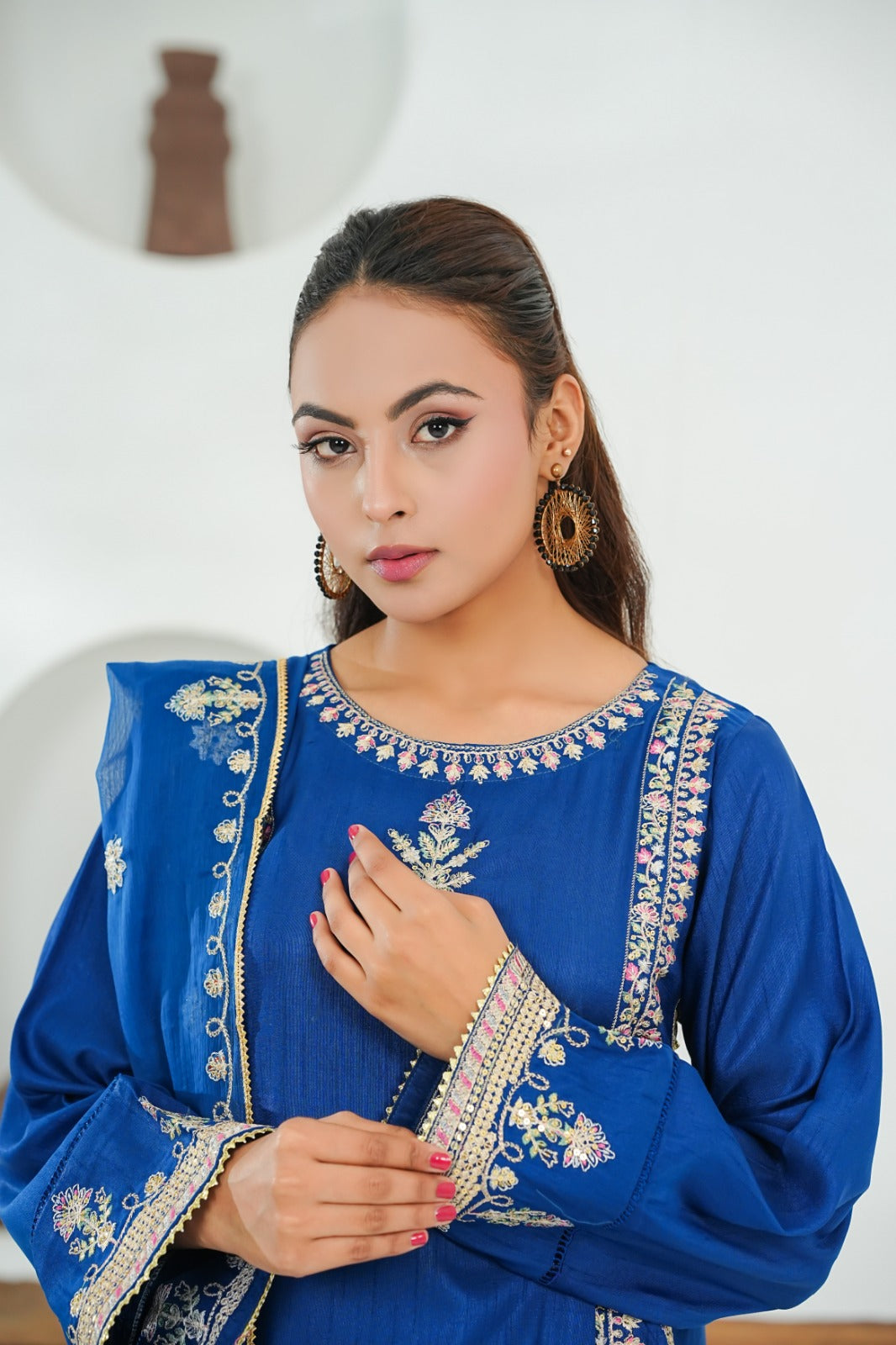 Blue Embroidered INDIAN RAW SILK – 3PC Stitched Suit