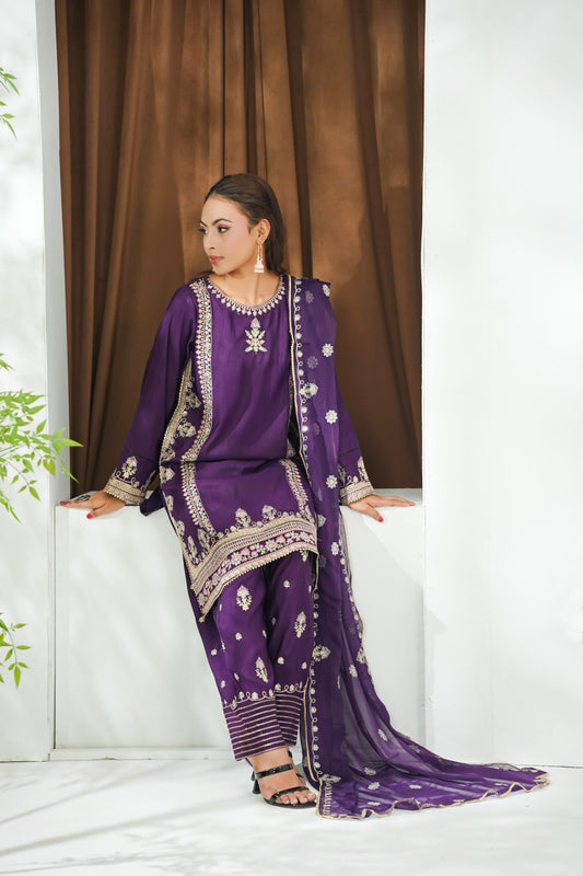 Purple Embroidered INDIAN RAW SILK – 3PC Stitched Suit