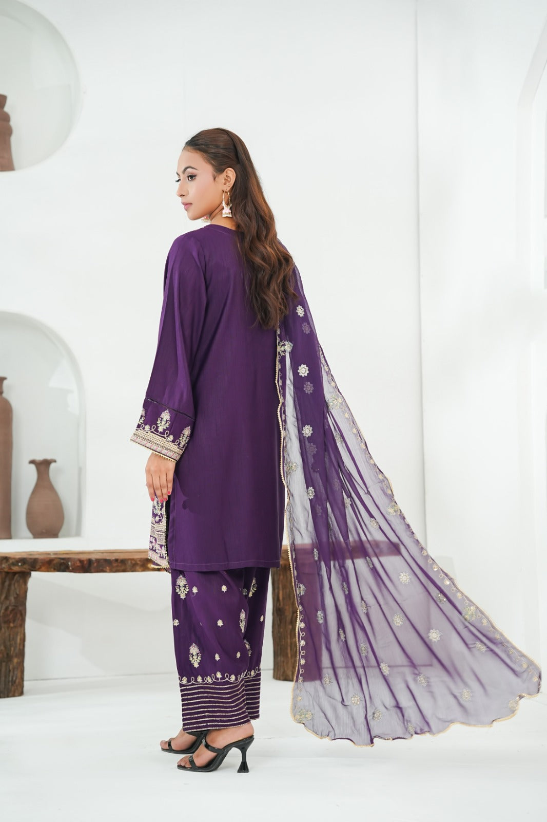 Purple Embroidered INDIAN RAW SILK – 3PC Stitched Suit