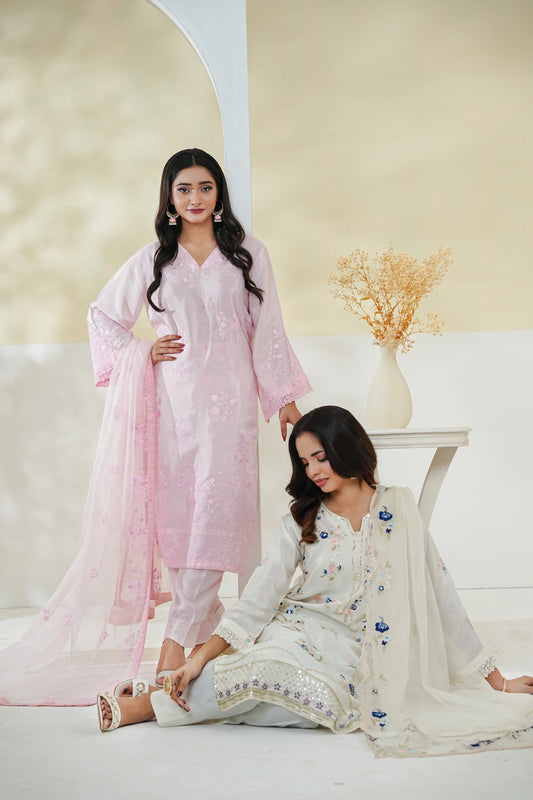 Cotton Silk Embroidered 3PC Suit with Organza Dupatta – Premium Stitched Collection
