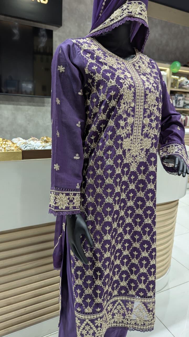 GABA Embroidered 3-Piece Stitched Suit with Chiffon Dupatta (01)