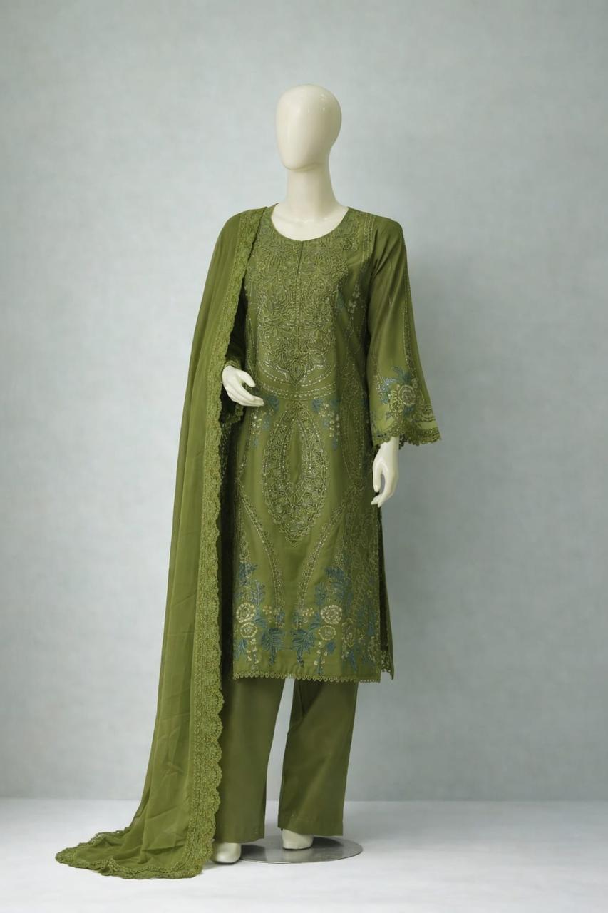 Pasand of Lahore 3-Piece Premium Viscose Suit – Mehendi (BF-335)
