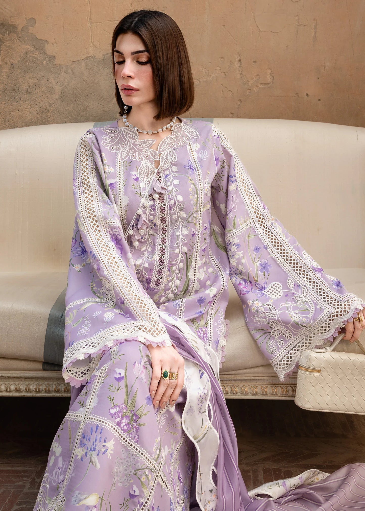 Flow By Crimson Unstitched Embroidered 3 Piece Suit A Summer Dance - D2B (Lavender)