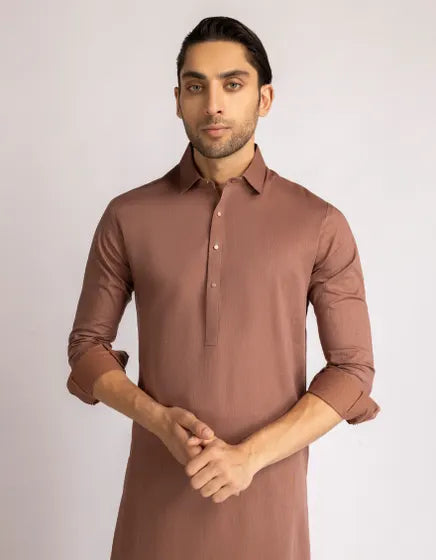 Rust Brown Cotton Casual Semi-Formal Stitched Kameez Shalwar – Regular Fit