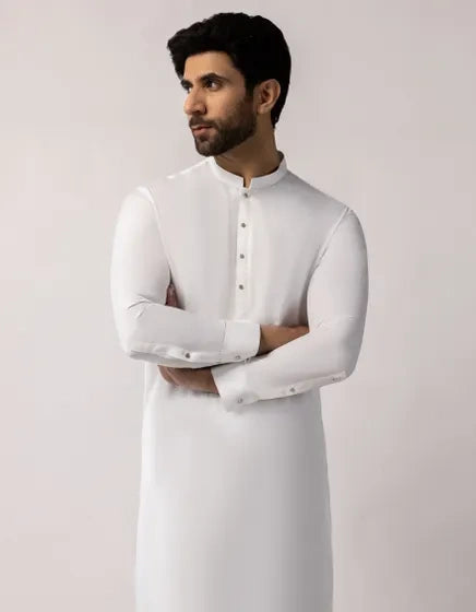 White Blended Semi-Formal Stitched Kameez Shalwar – Regular Fit