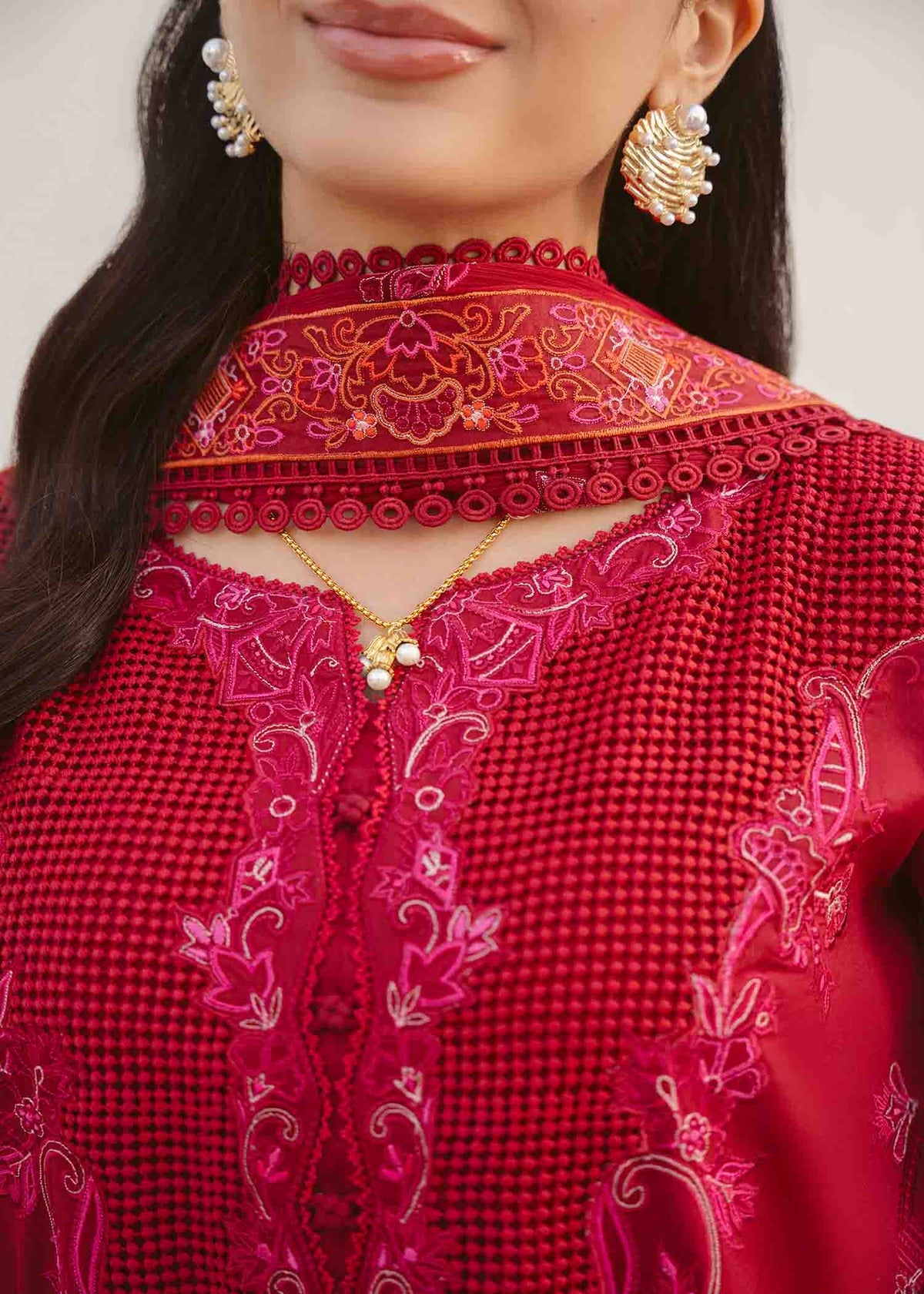 Jeem 3 PIECE EMBROIDERED CHERRY RED LAWN 25'