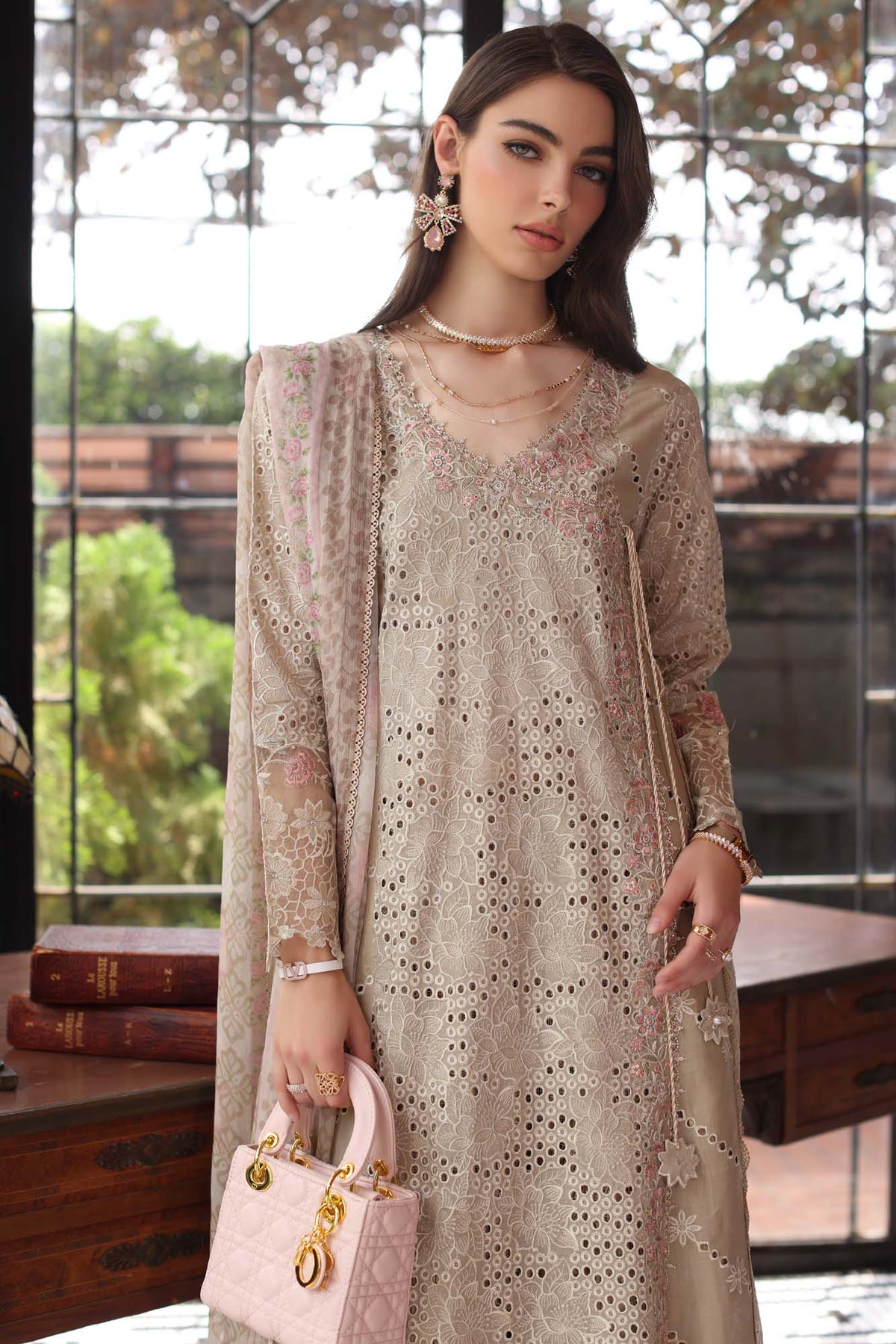 Saadia Asad D1- Beige Luxury Eid Schiffli Laserkari 25