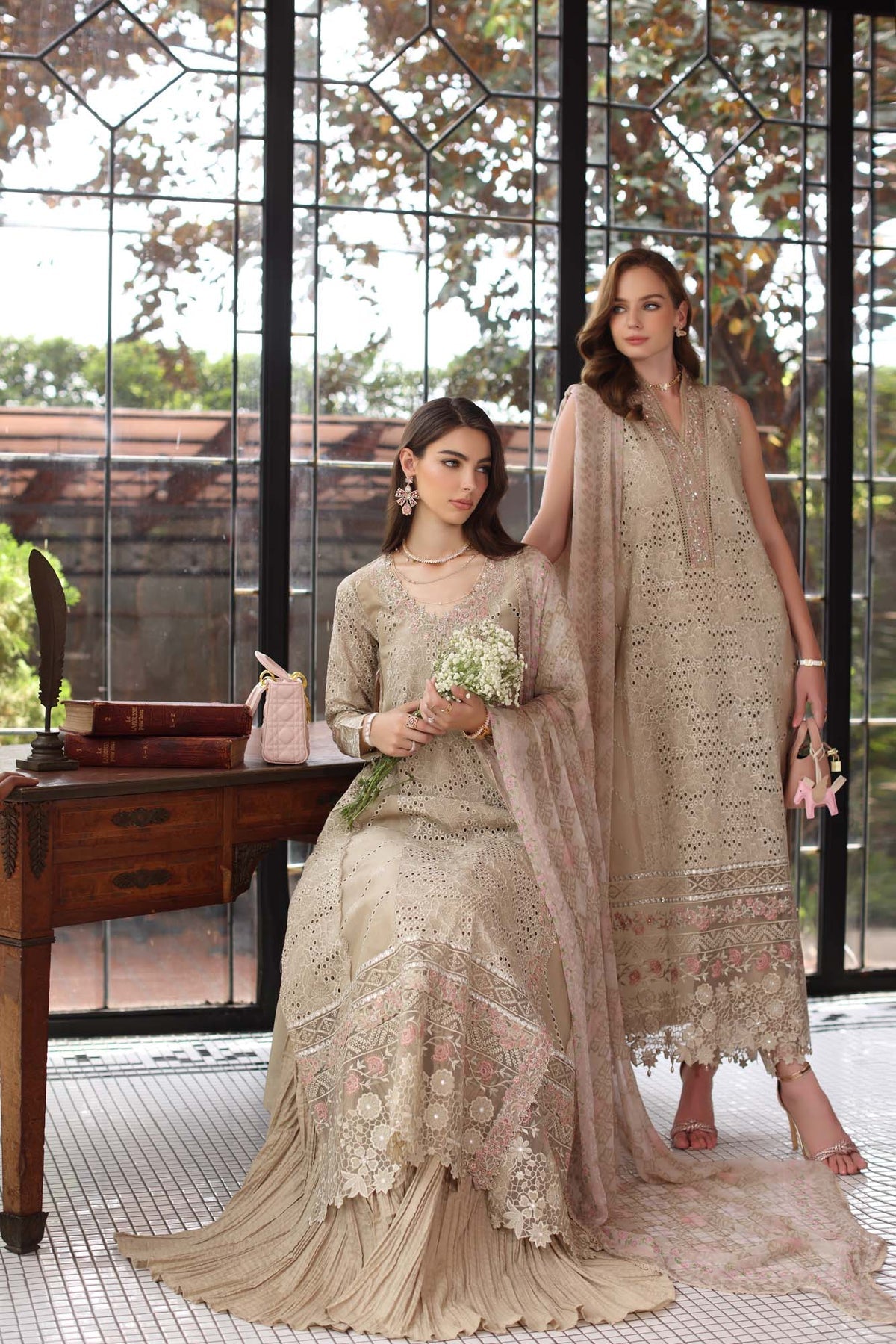 Saadia Asad D1- Beige Luxury Eid Schiffli Laserkari 25