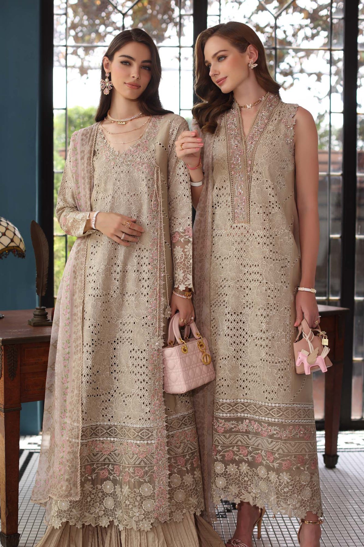 Saadia Asad D1- Beige Luxury Eid Schiffli Laserkari 25