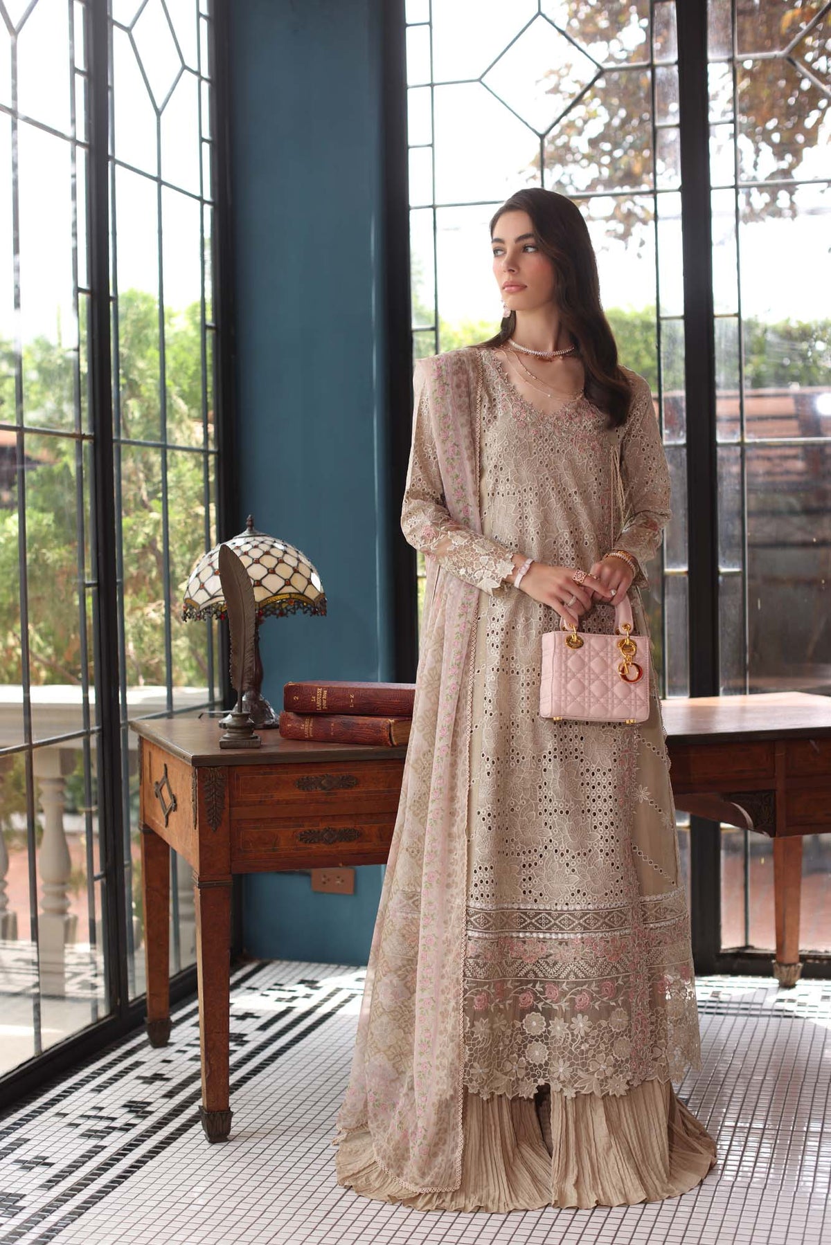 Saadia Asad D1- Beige Luxury Eid Schiffli Laserkari 25