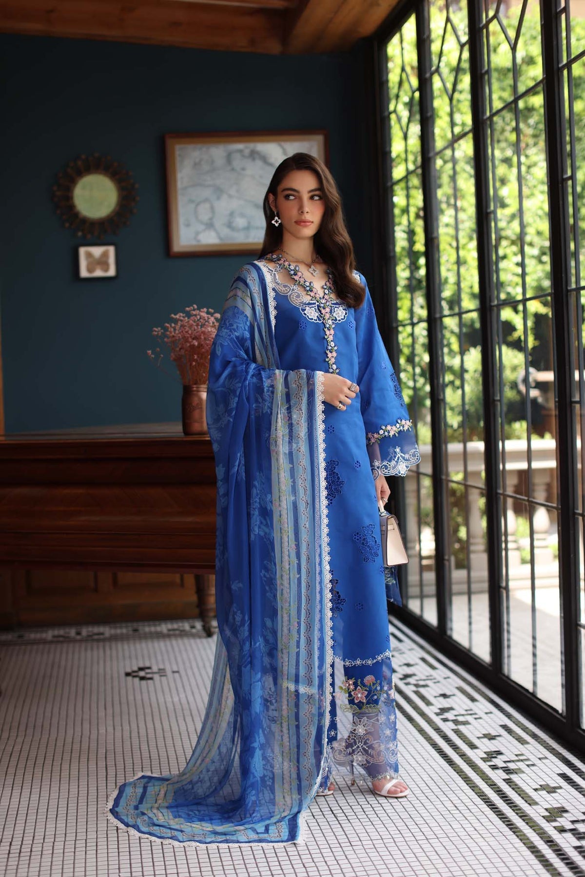 Saadia Asad D4- Ink Blue Luxury Eid Schiffli Laserkari 25