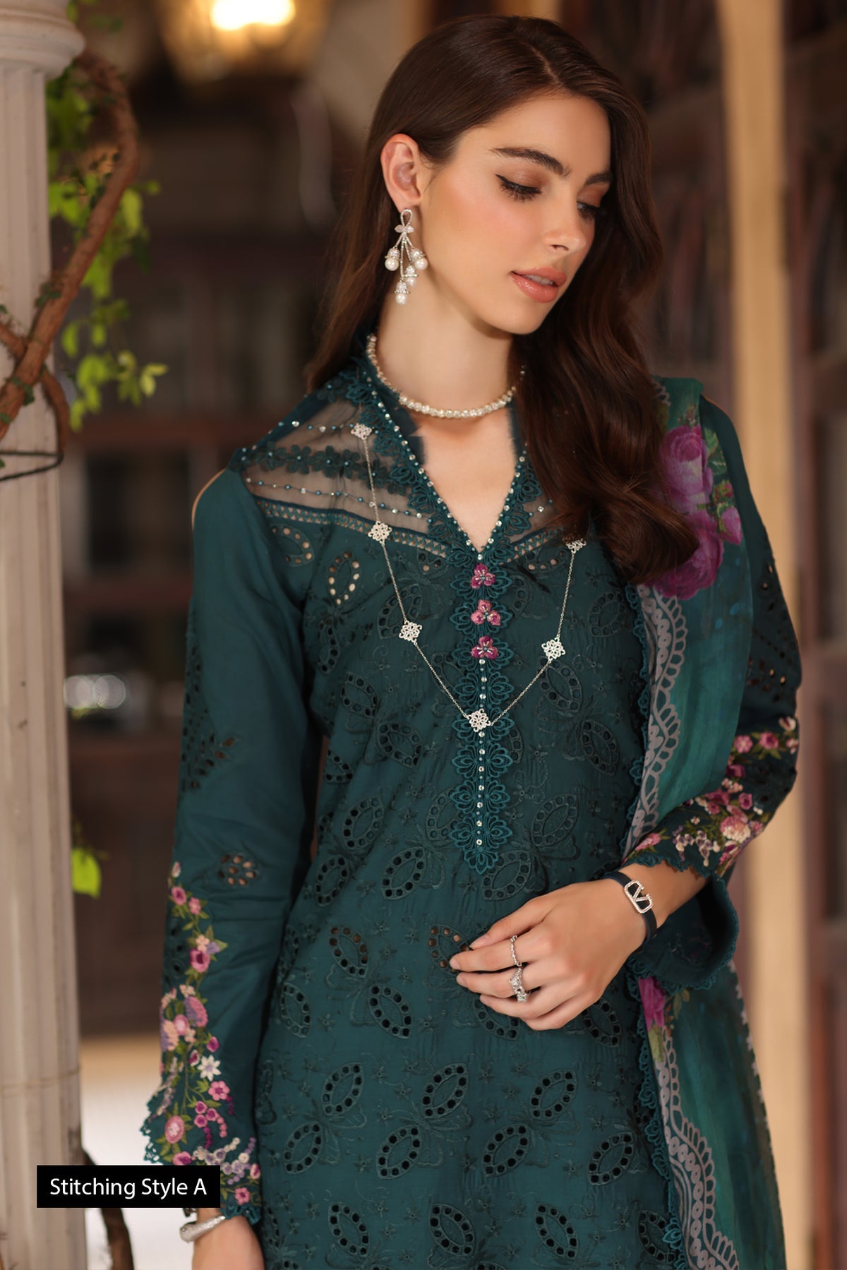 Saadia Asad D5- Teal Luxury Eid Schiffli Laserkari 25