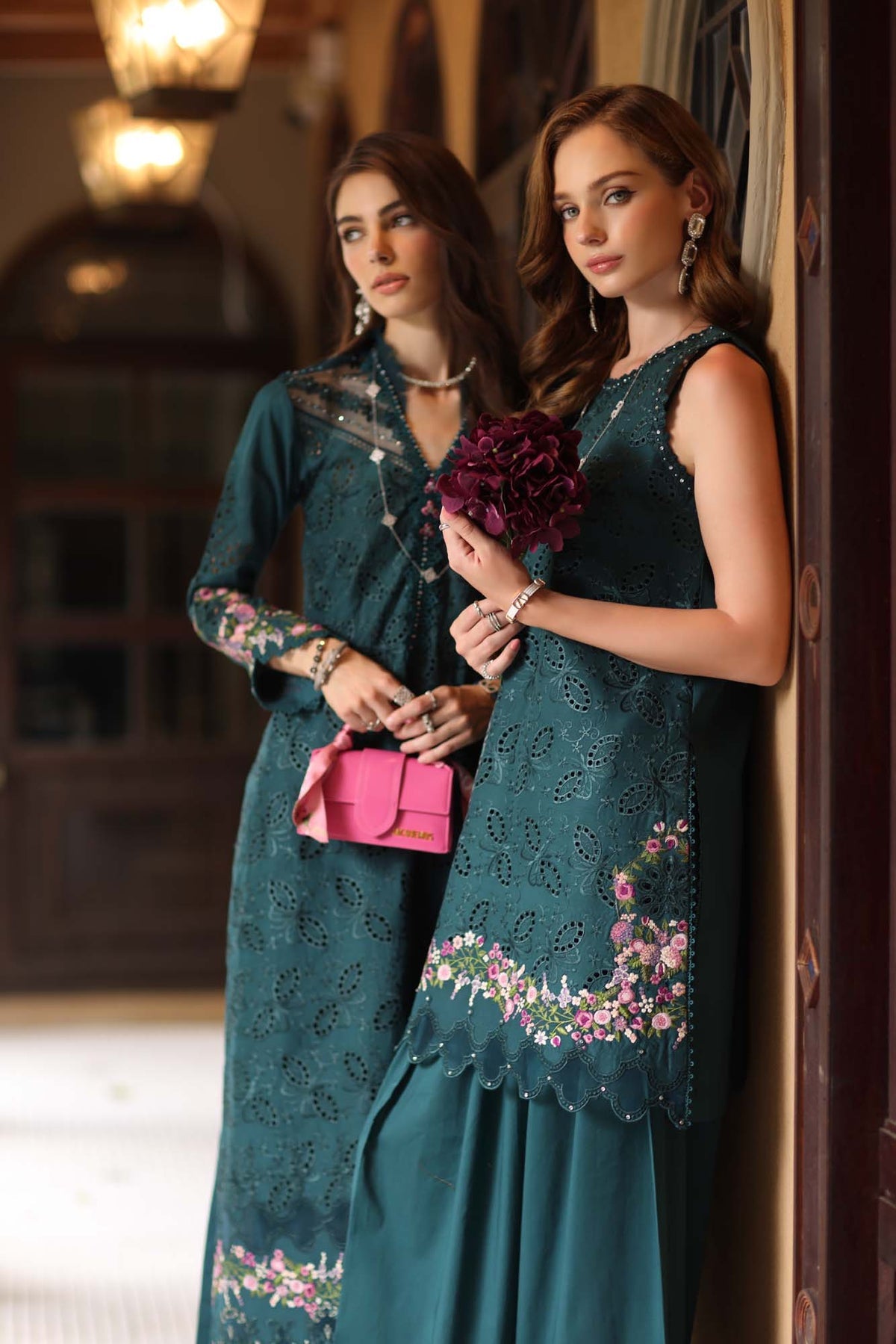 Saadia Asad D5- Teal Luxury Eid Schiffli Laserkari 25
