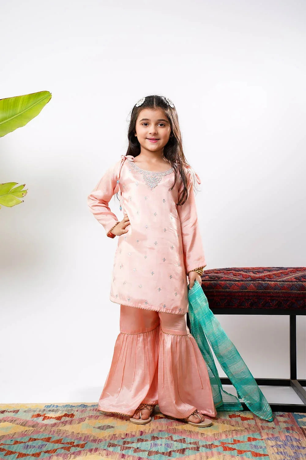Kids Pink & Multicolor Formal 3 Piece Suit – Viscose Raw Silk (KDD-03282)
