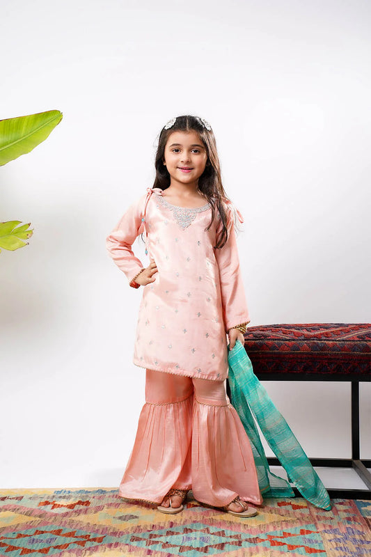 Kids Pink & Multicolor Formal 3 Piece Suit – Viscose Raw Silk (KDD-03282)