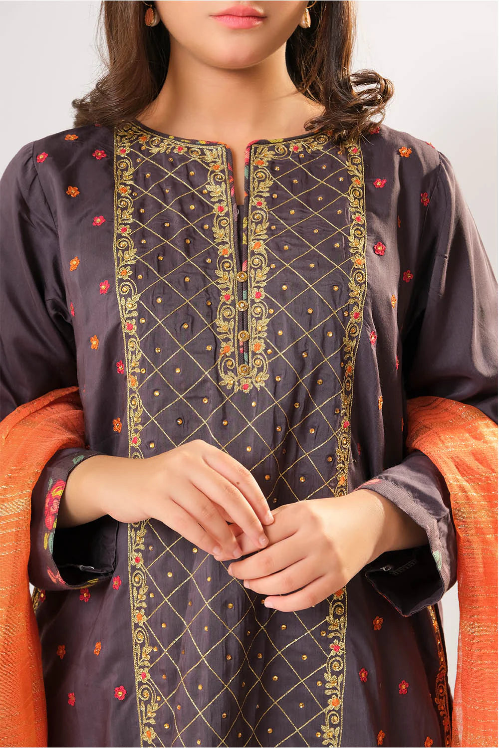 Girls Dark Grey & Multicolor Formal 3 Piece Suit – Organza By Cotton (GDD-03009)