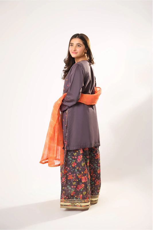 Girls Dark Grey & Multicolor Formal 3 Piece Suit – Organza By Cotton (GDD-03009)