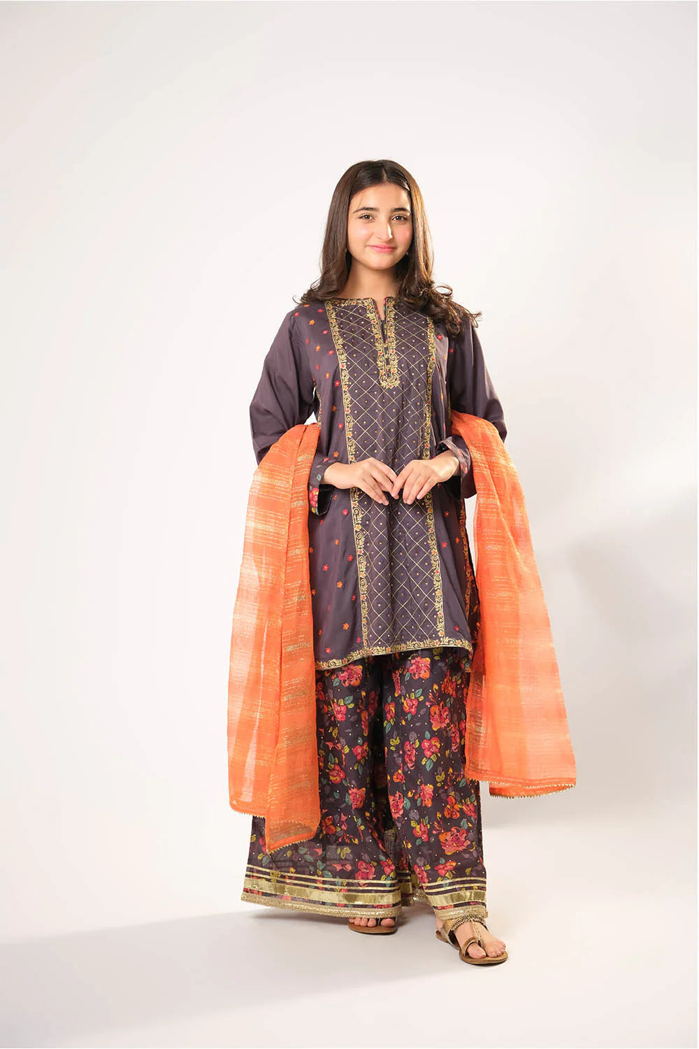 Girls Dark Grey & Multicolor Formal 3 Piece Suit – Organza By Cotton (GDD-03009)
