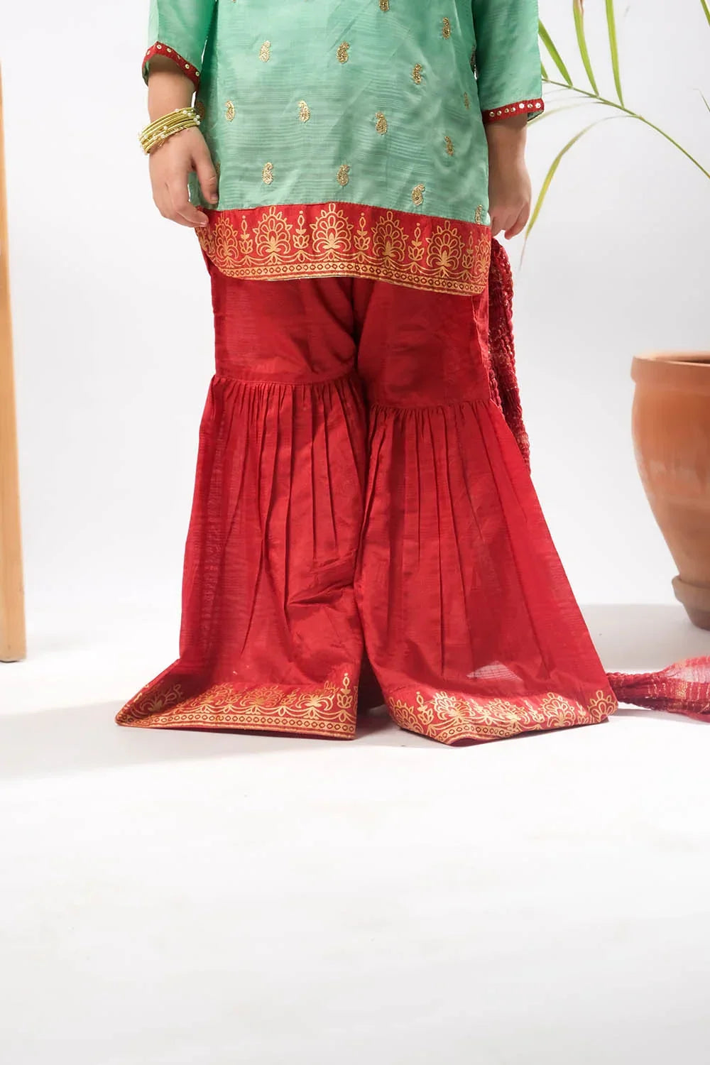 Kids Mint Green & Maroon Formal 3 Piece Suit – Polyester Tussar Silk ( KDD-03222)