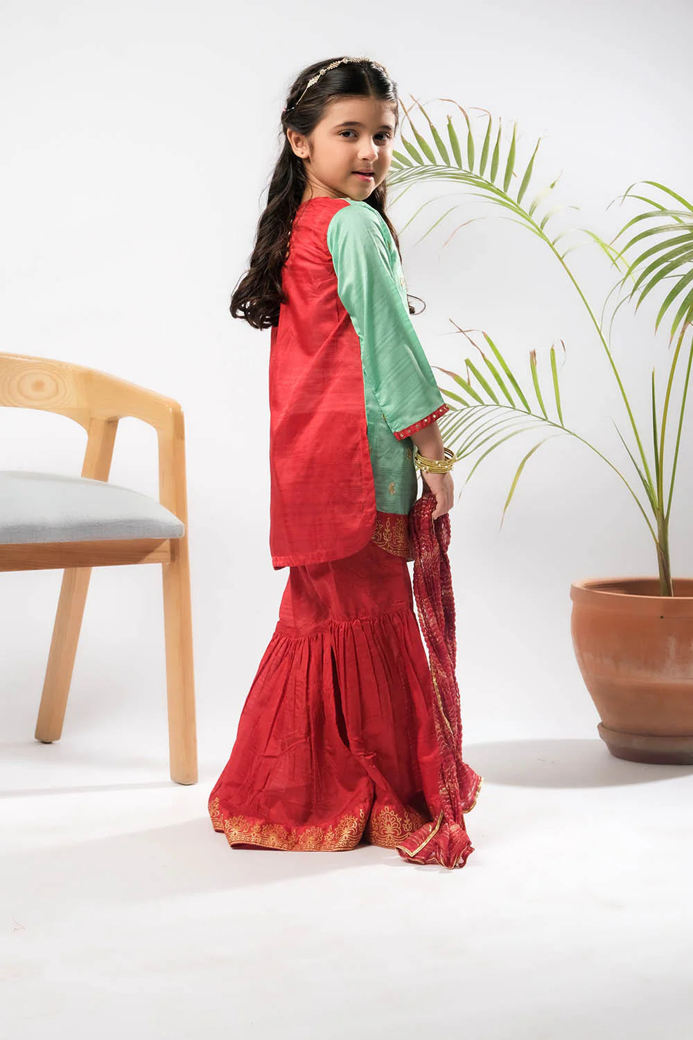 Kids Mint Green & Maroon Formal 3 Piece Suit – Polyester Tussar Silk ( KDD-03222)