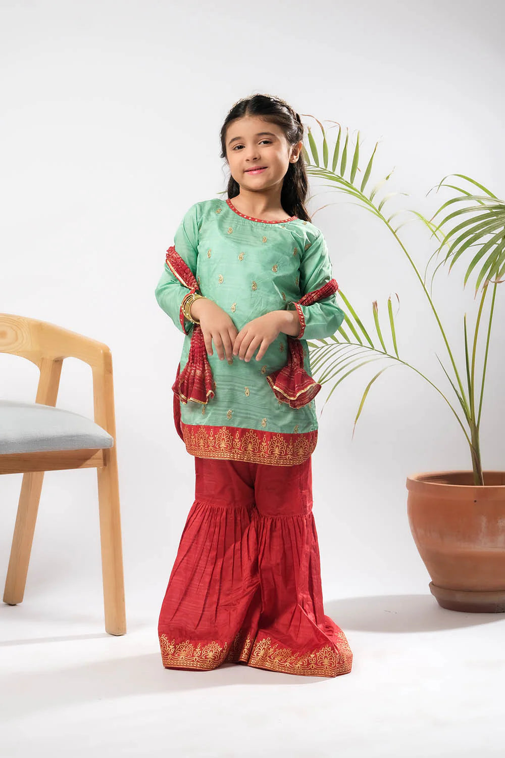 Kids Mint Green & Maroon Formal 3 Piece Suit – Polyester Tussar Silk ( KDD-03222)