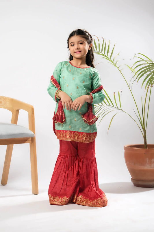 Kids Mint Green & Maroon Formal 3 Piece Suit – Polyester Tussar Silk ( KDD-03222)