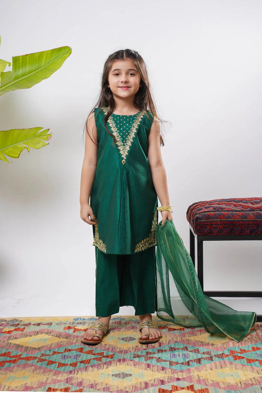 Kids Bottle Green & Gold Formal 3 Piece Suit – Viscose Chambray Katan (KDD-03238)