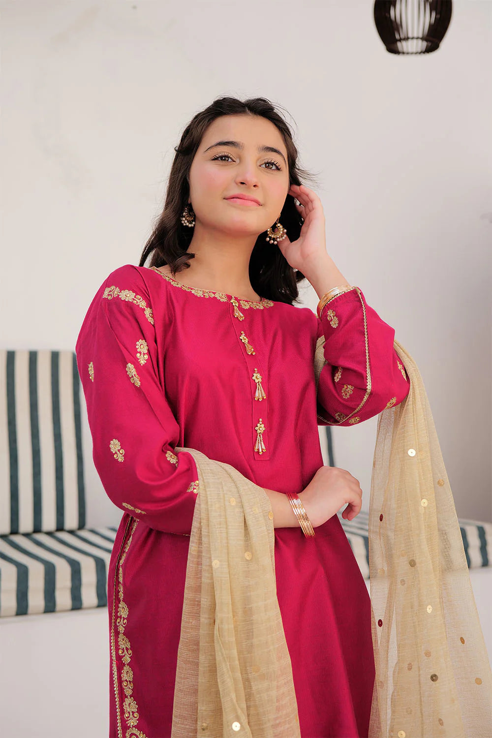 Girls Shocking Pink & Gold Formal 3 Piece Suit – Viscose Chambray Silk (GDD-02852)