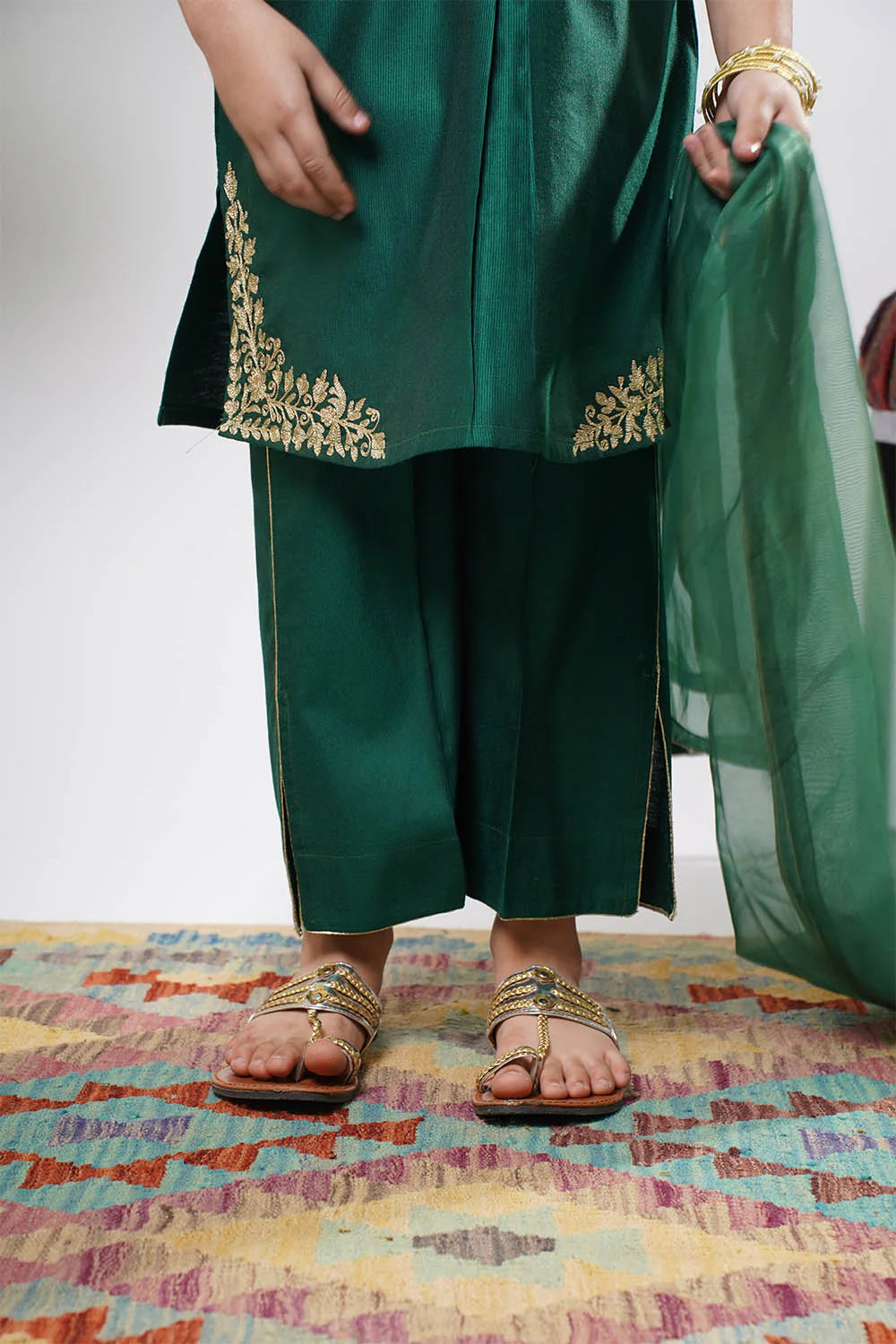 Kids Bottle Green & Gold Formal 3 Piece Suit – Viscose Chambray Katan (KDD-03238)