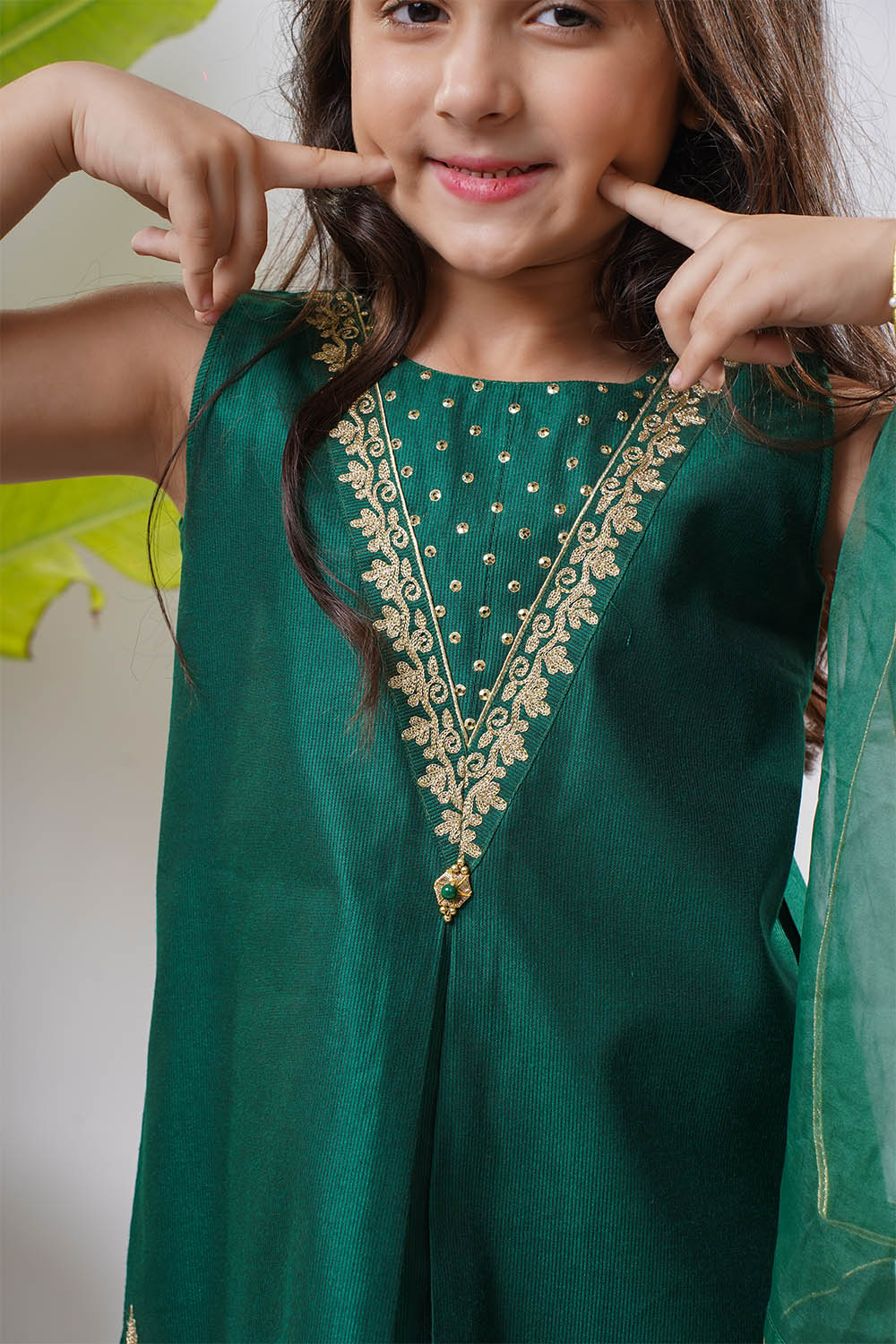 Kids Bottle Green & Gold Formal 3 Piece Suit – Viscose Chambray Katan (KDD-03238)