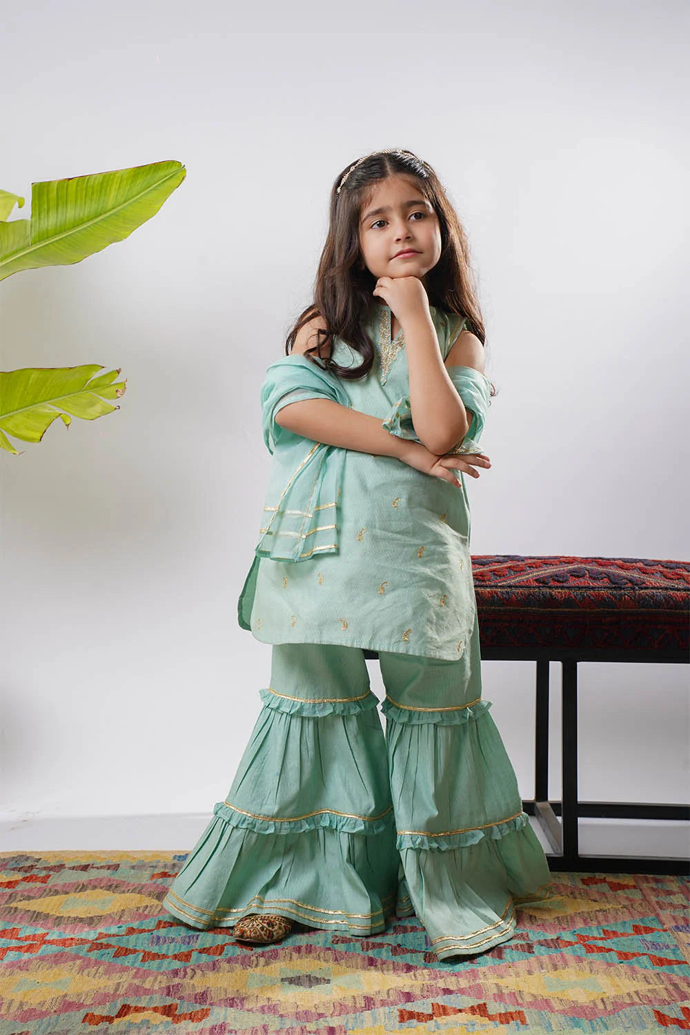 Kids Sea Green & Gold Formal 3 Piece Suit – Viscose Chambray Katan (KDD-03233)