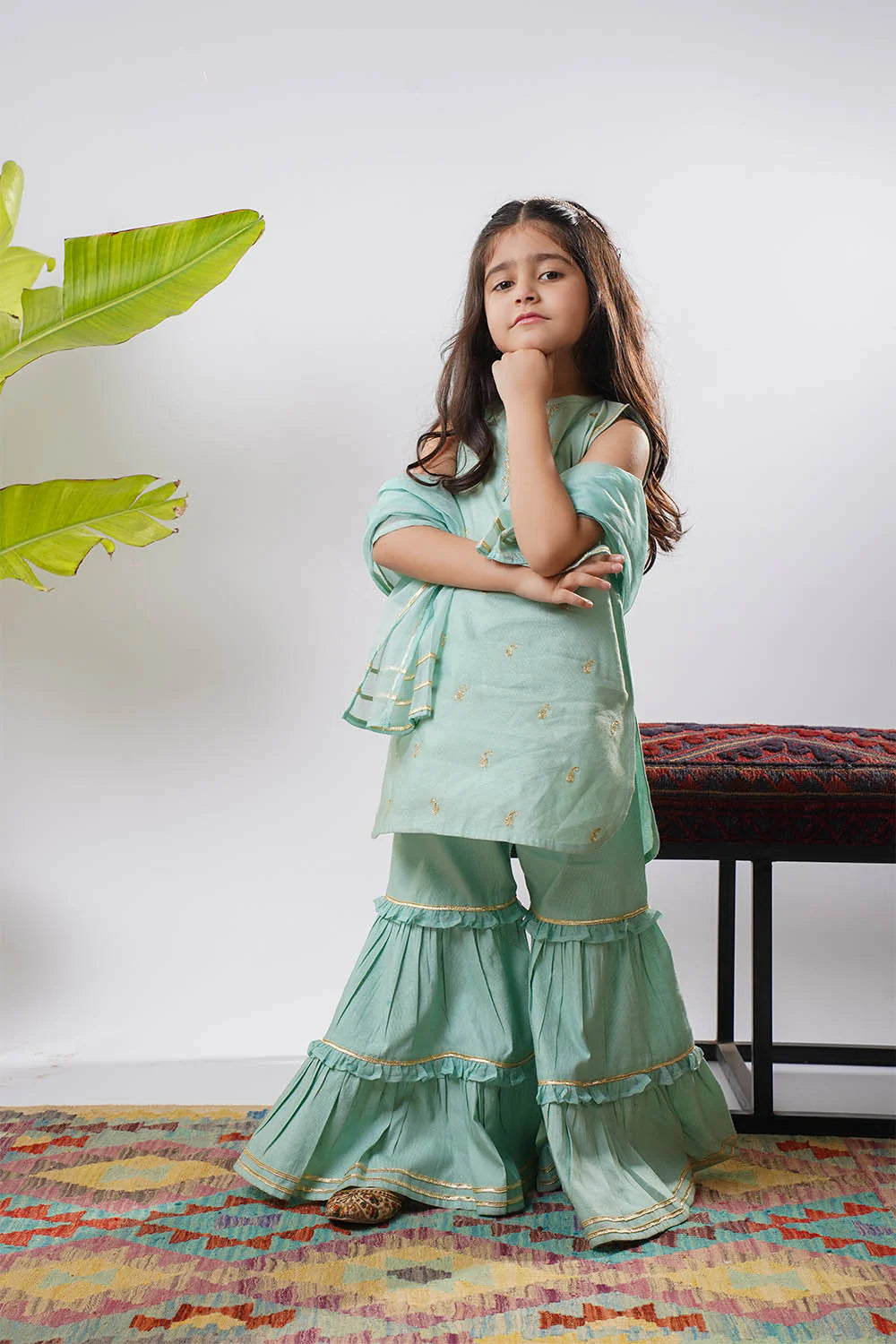 Kids Sea Green & Gold Formal 3 Piece Suit – Viscose Chambray Katan (KDD-03233)