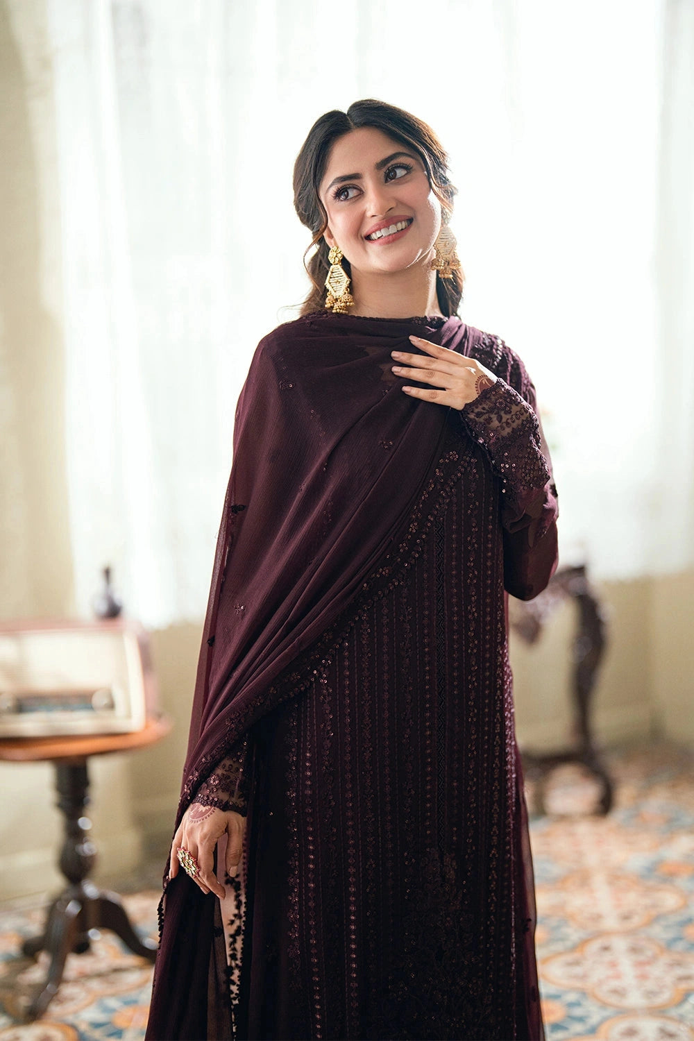 AZURE - EID ENSEMBLES unstitch chiffon 3 pc suite (Nectar Rouge)