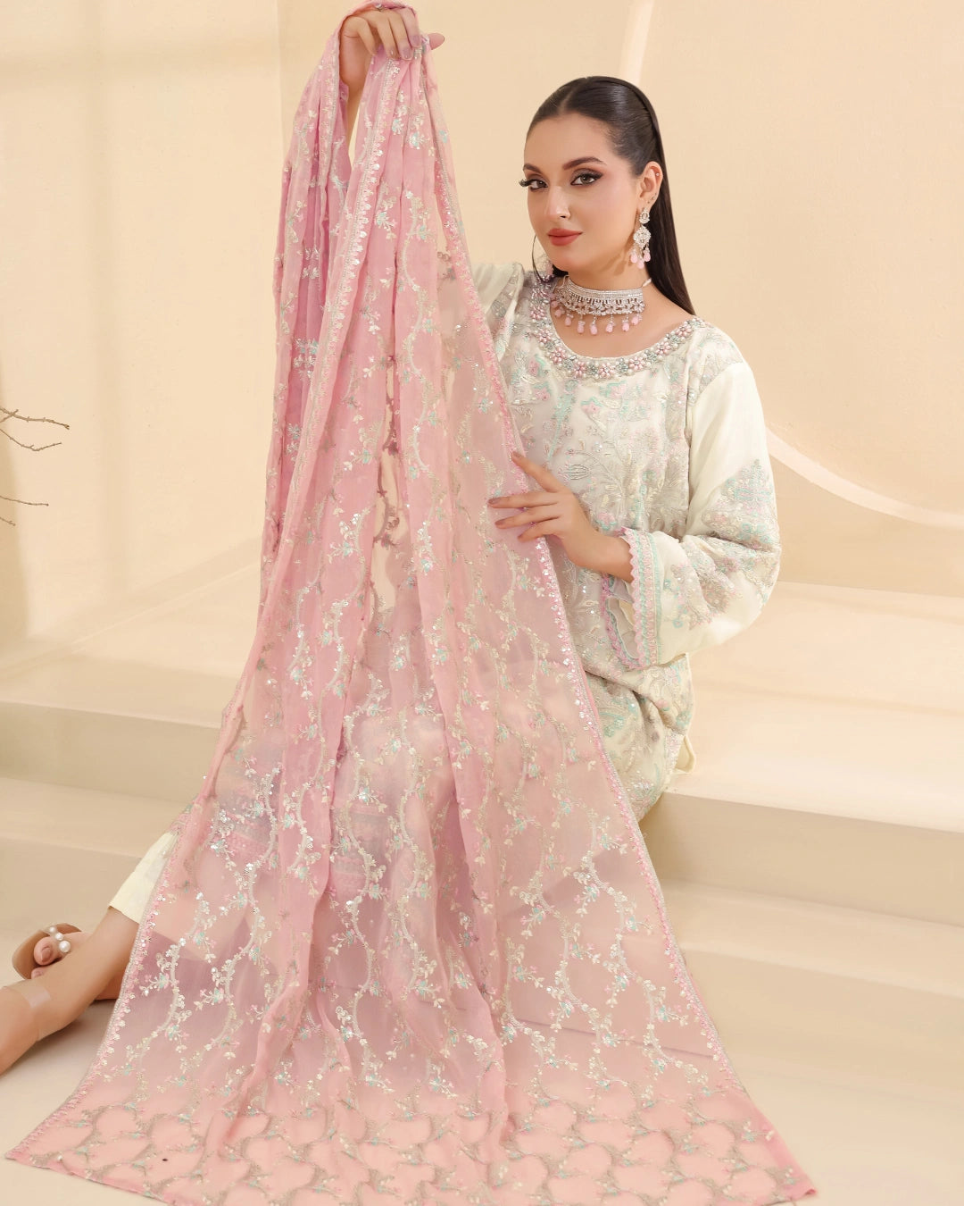 Embroidered Bamber Chiffon Suit With La Bella Viscose Jacquard Trouser D-003