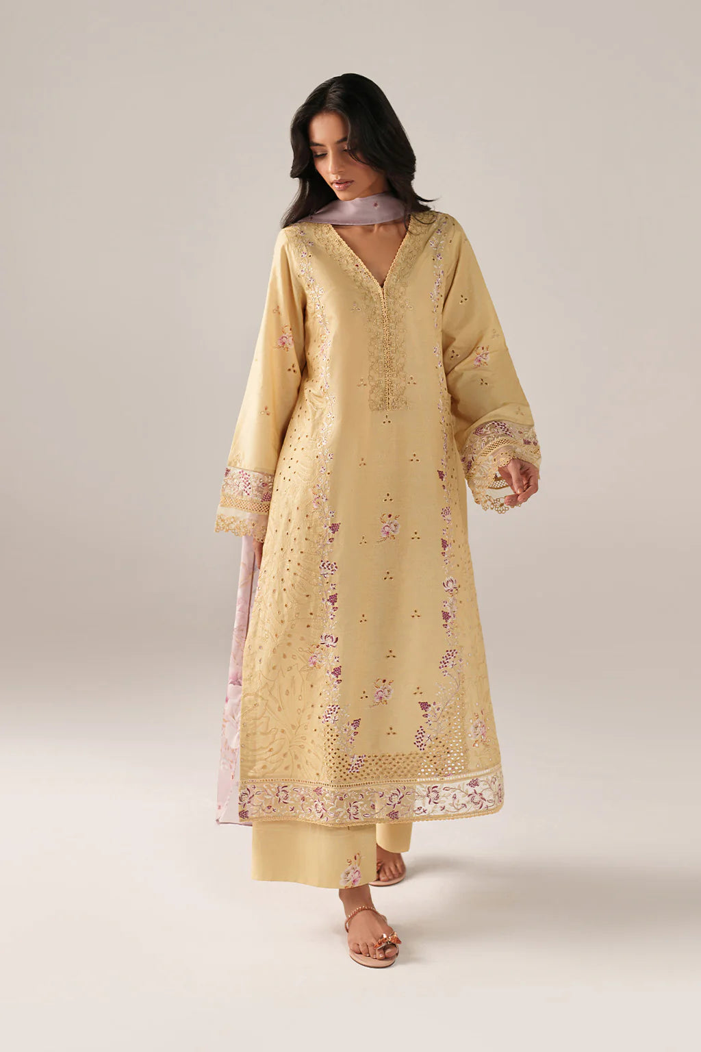 Iznik spring Butter Yellow Embroidered Lawn 3 Piece stitched Suit (SS-11)