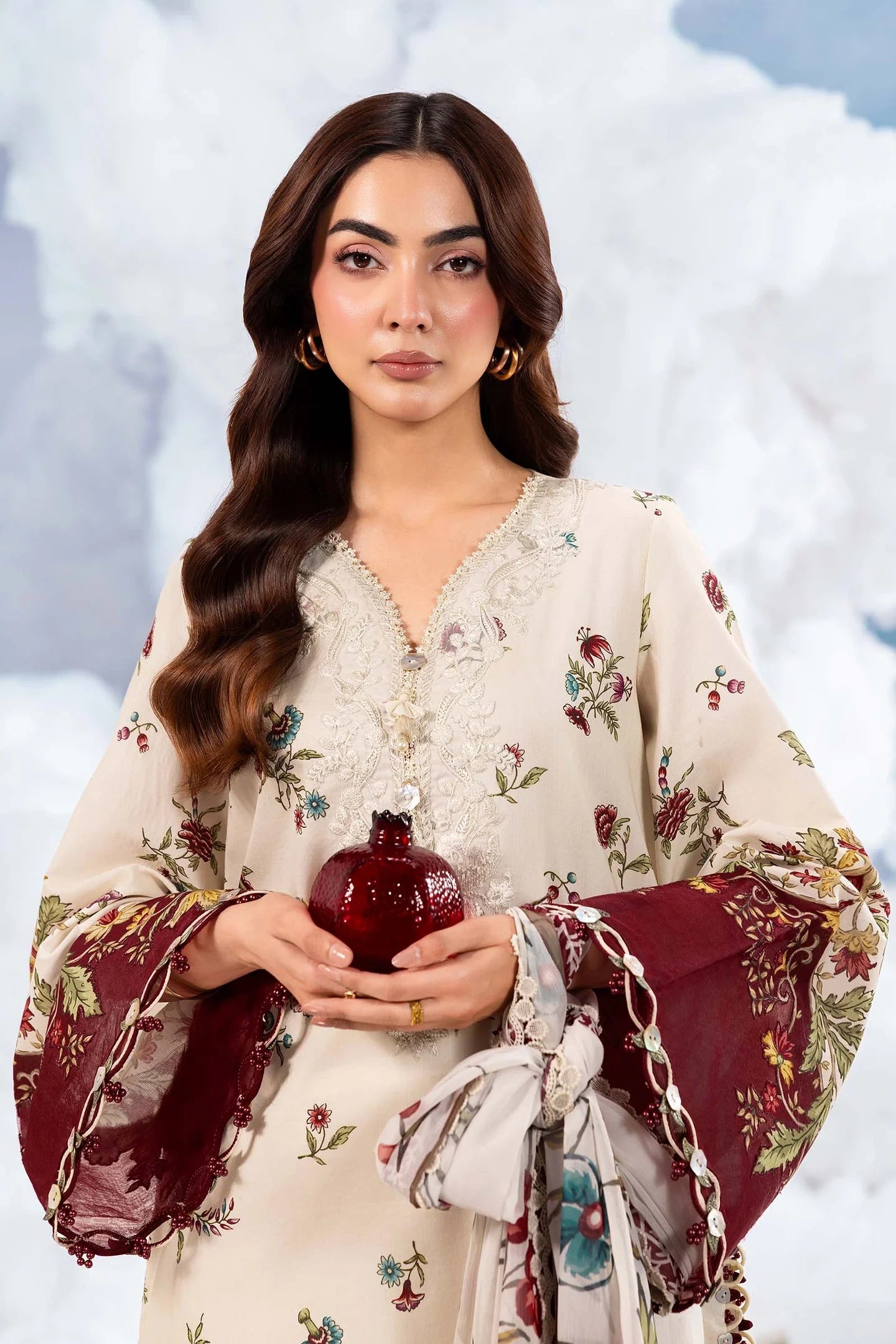 MariaB MBasics-Embroidered Lawn 3 Piece Unstitched Suit with Chiffon Dupatta (D1A)