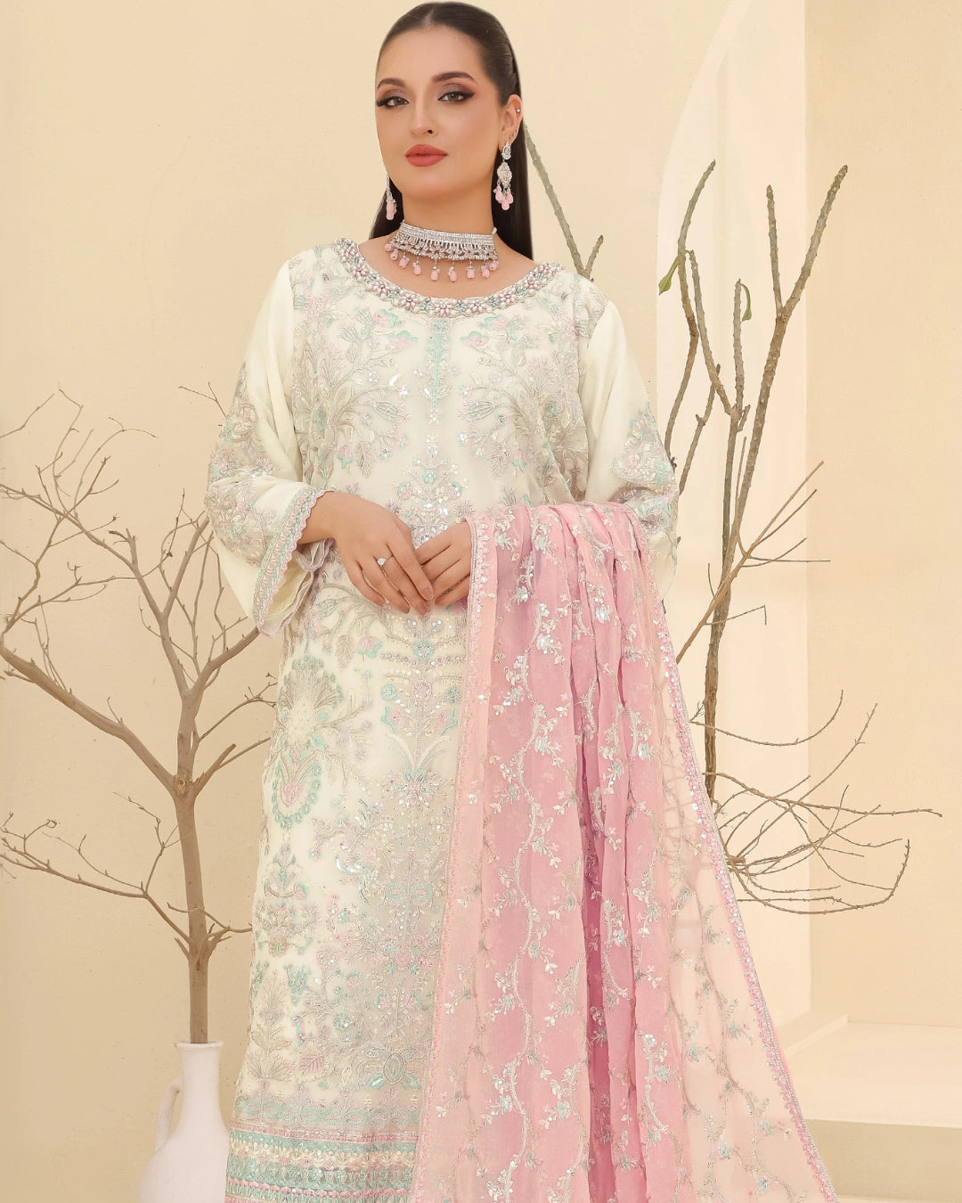 Embroidered Bamber Chiffon Suit With La Bella Viscose Jacquard Trouser D-003