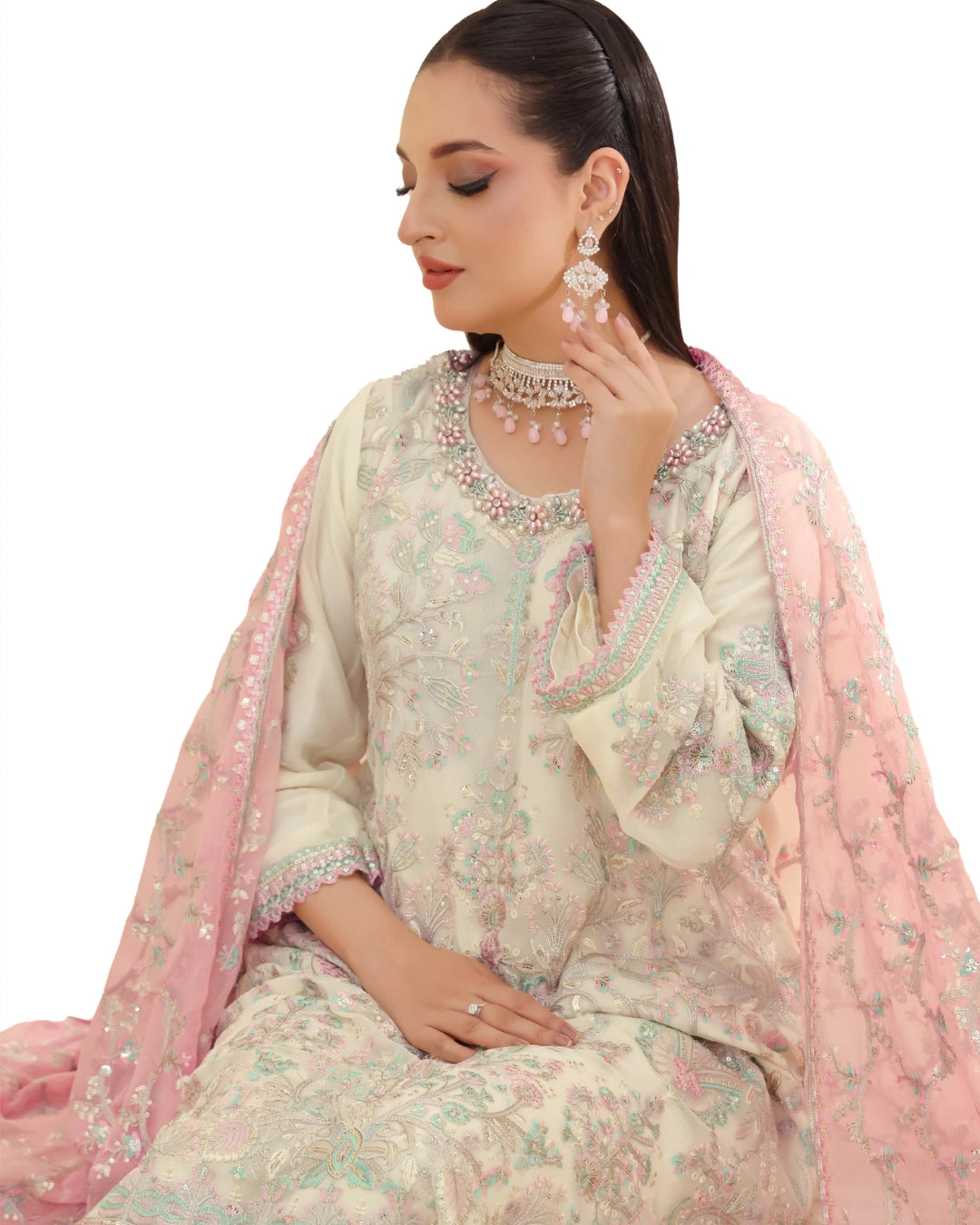Embroidered Bamber Chiffon Suit With La Bella Viscose Jacquard Trouser D-003