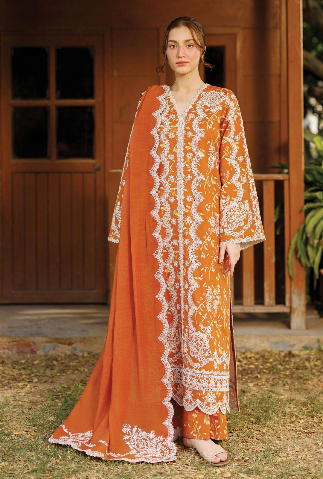 Afrozeh ELYORA 3-Piece Unstitched Lawn Suit | Tangerine-Orange Embroidered Shirt with Sheer Dupatta
