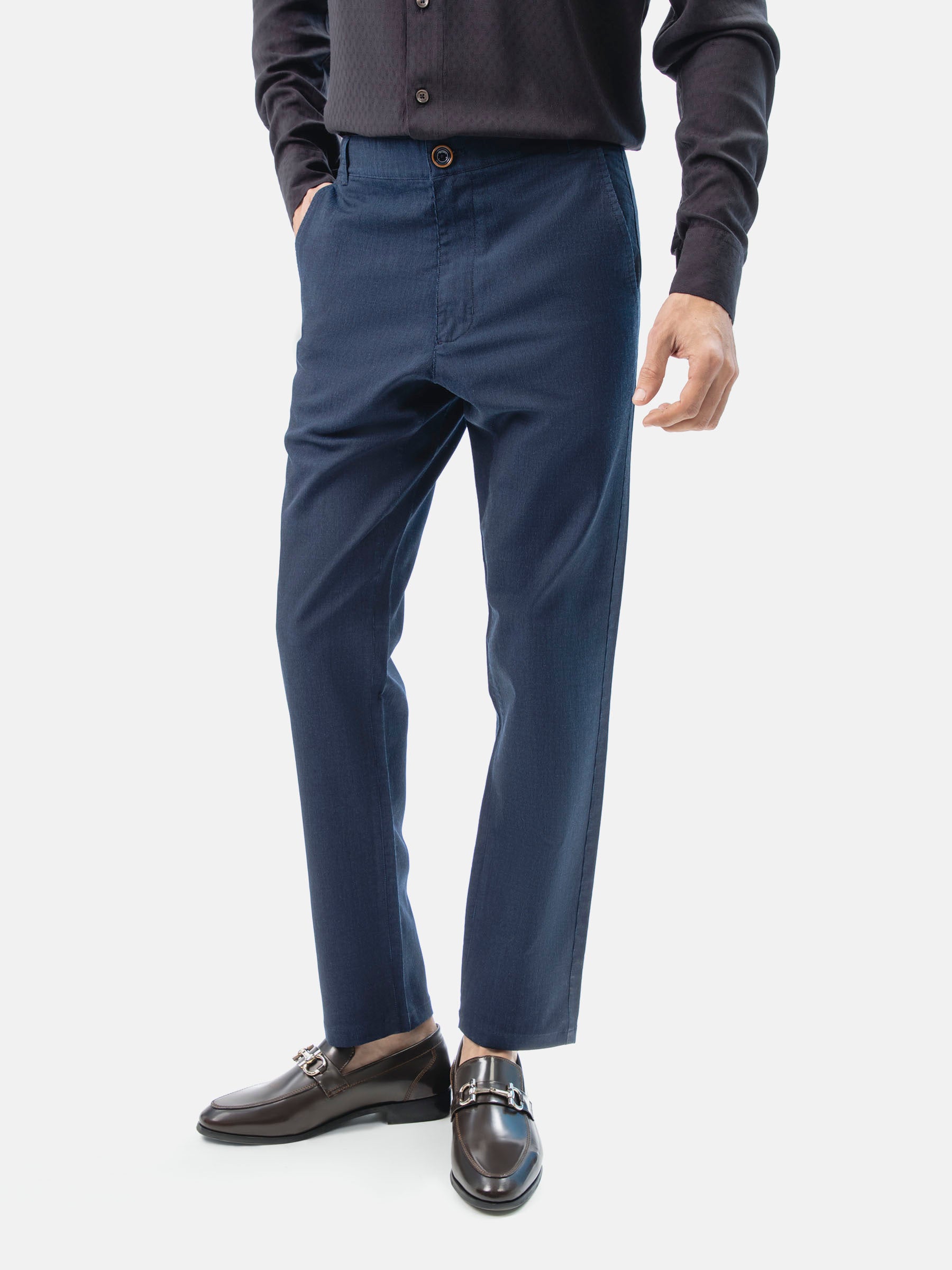 Blue Striped Structured Casual Fit Chinos-SS2024