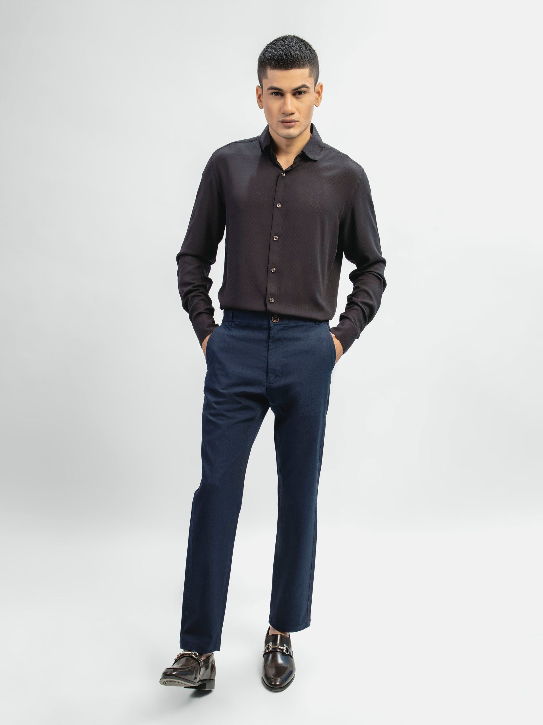 Blue Striped Structured Casual Fit Chinos-SS2024