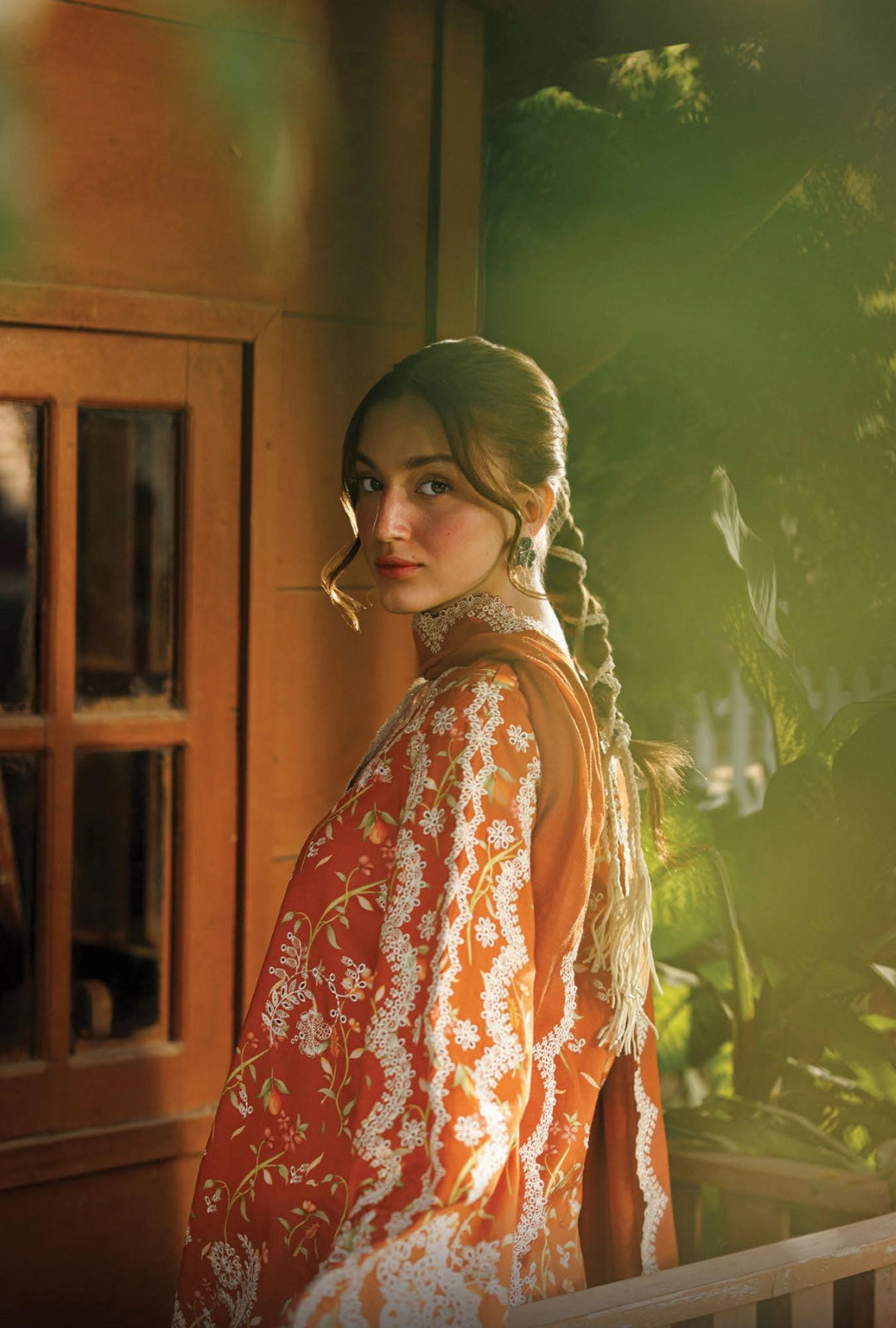 Afrozeh ELYORA 3-Piece Unstitched Lawn Suit | Tangerine-Orange Embroidered Shirt with Sheer Dupatta