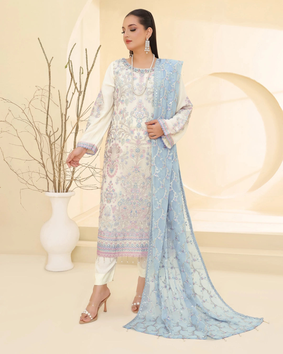 Embroidered Bamber Chiffon Suit With La Bella Viscose Jacquard Trouser D-004