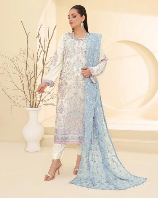 Tawakkal Embroidered Bamber Chiffon Suit With La Bella Viscose Jacquard Trouser D-004