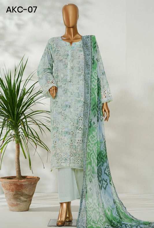 Amna Khadija Ismet Chikankari Embroidered Bana Dora Lawn Stitched 3 Piece Suit - AKC-07 | Green | Summer Collection
